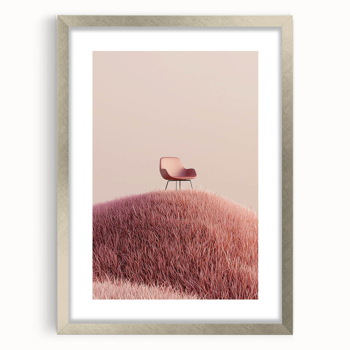 Silver frame landscape artwork featuring a scenic view of fields, elegantly matted for enhanced presentation, perfect for home or office decor.