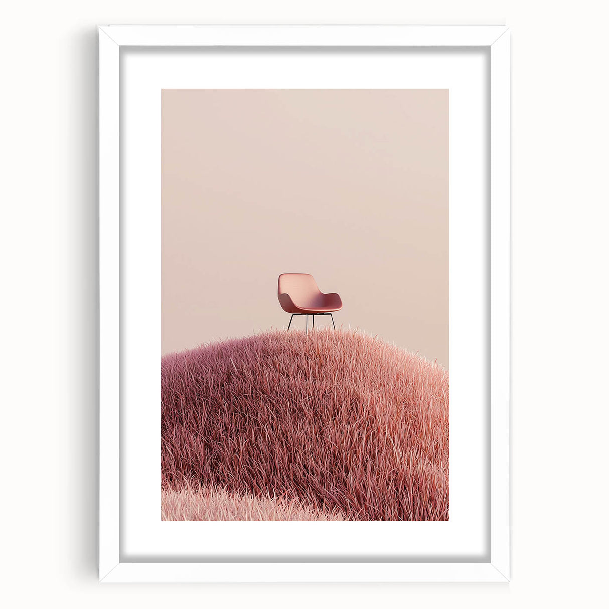 Framed landscape artwork depicting serene green fields under a blue sky, featuring a white mat and sleek frame, ideal for home décor and art enthusiasts.