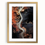 Extra large abstract art print featuring textured elements in gold and beige, framed with a mat, ideal for living room decor.