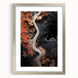 Textured abstract art print in neutral tones, framed in silver, ideal for bedroom wall decor.