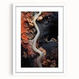 Abstract art print featuring organic shapes in muted earth tones on a framed white mat, ideal for dining room decor.