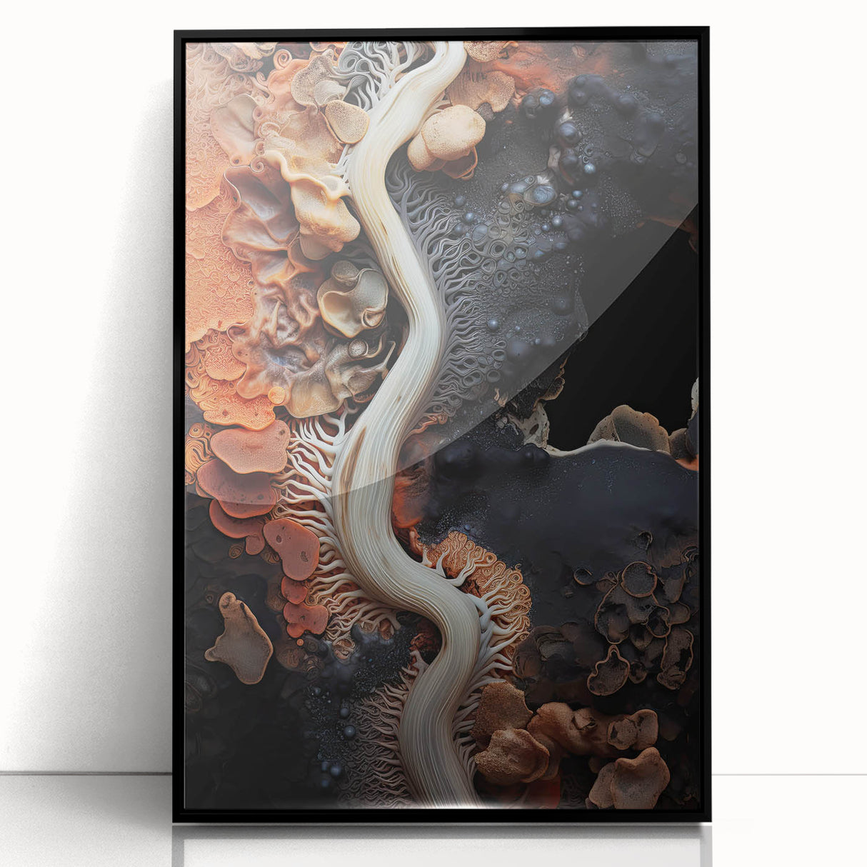 Large abstract wall art with mid-century modernist design in black and white tones, framed in acrylic.