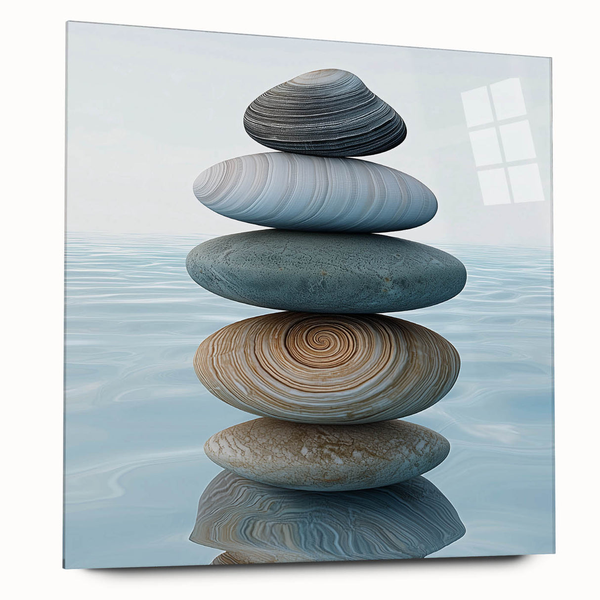 Large abstract wall art on acrylic glass, featuring swirling blue and green tones, ideal for bedroom or dining room decor.