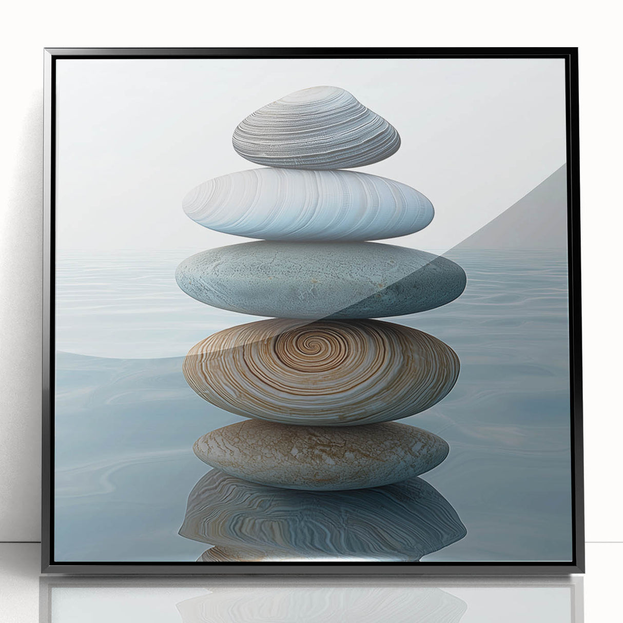 Large abstract wall art featuring swirling blue and green patterns on a framed acrylic.