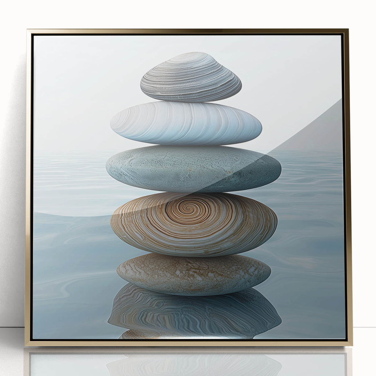 Close-up nature elements in a large acrylic print with gold framing, featuring muted earth tones.