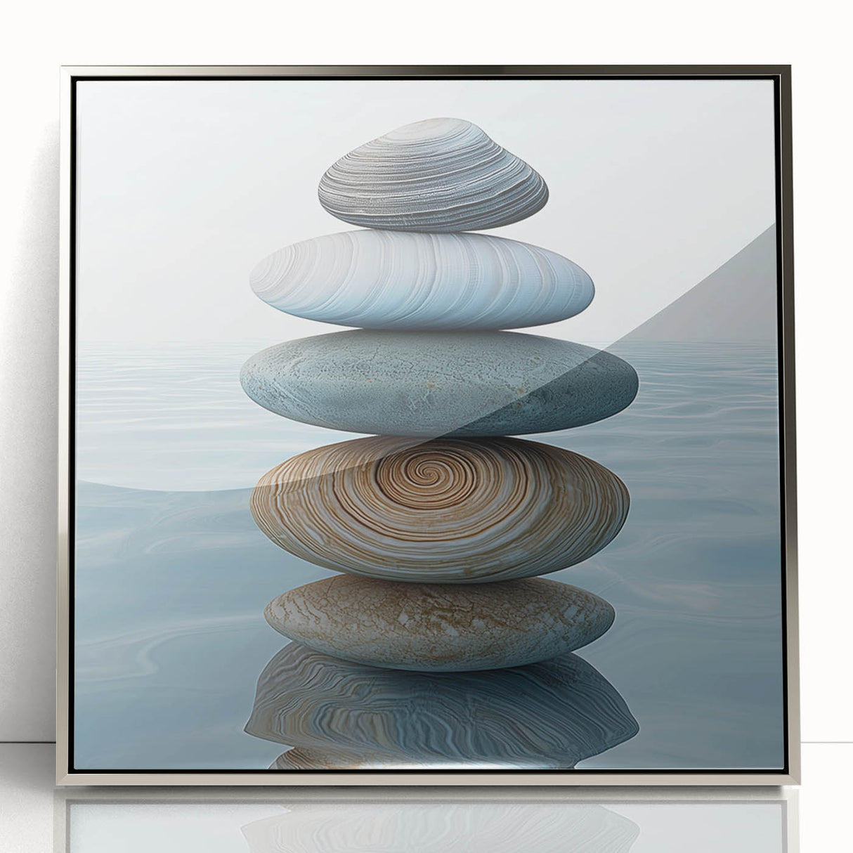 Mid-century modernist art featuring close-up nature elements in muted green and brown tones, framed in acrylic.