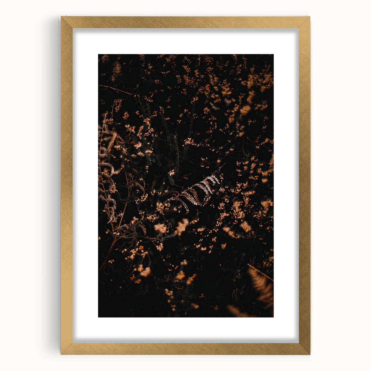Extra large abstract art print featuring textured fall foliage in warm orange and yellow tones, framed in gold.