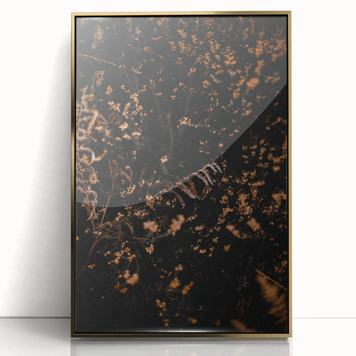 Mid-century modernist large art print featuring an abstract autumnal scene in warm gold tones, framed in acrylic.
