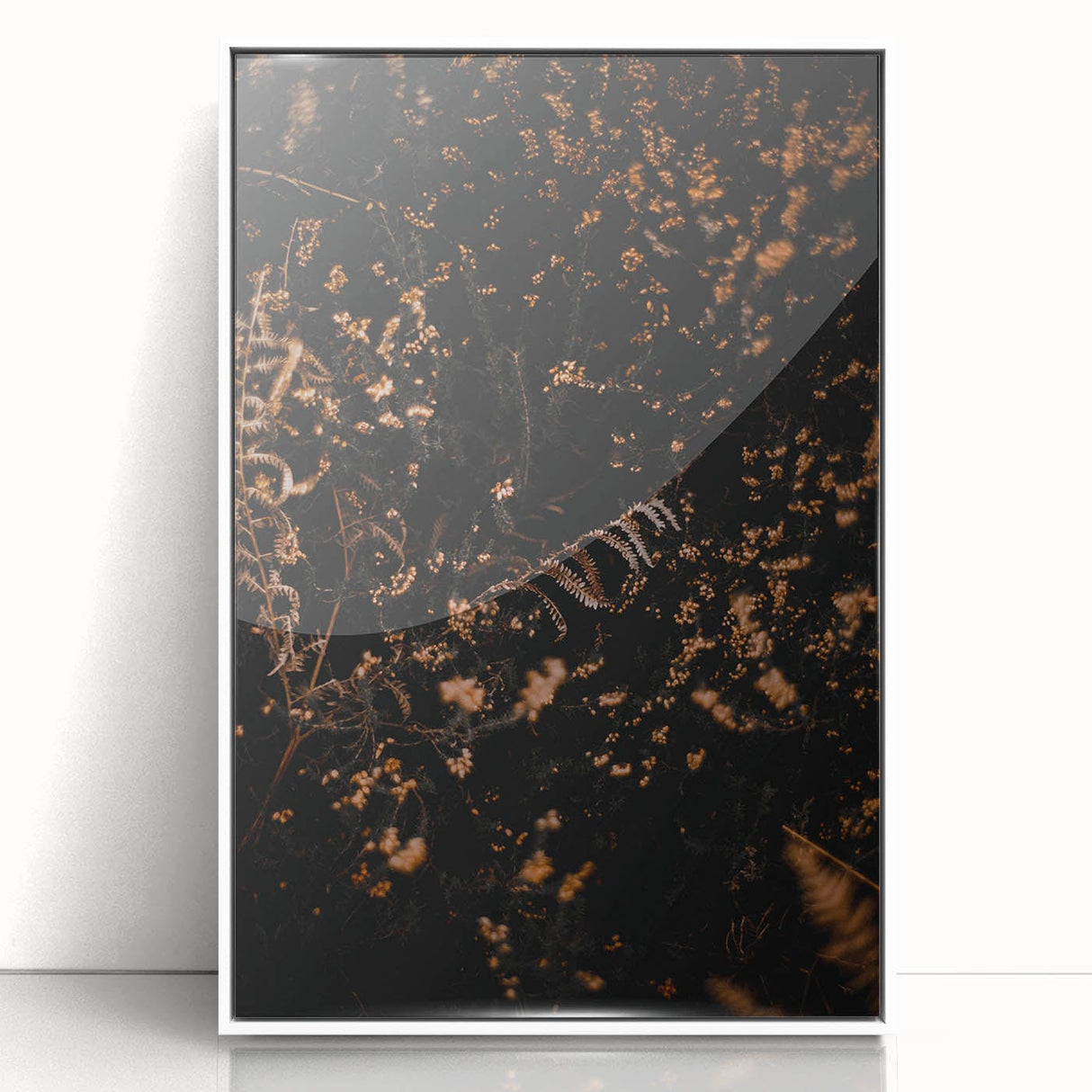 Art deco poster of autumn trees in orange and yellow hues on a white acrylic framed print, ideal for nursery wall decor.
