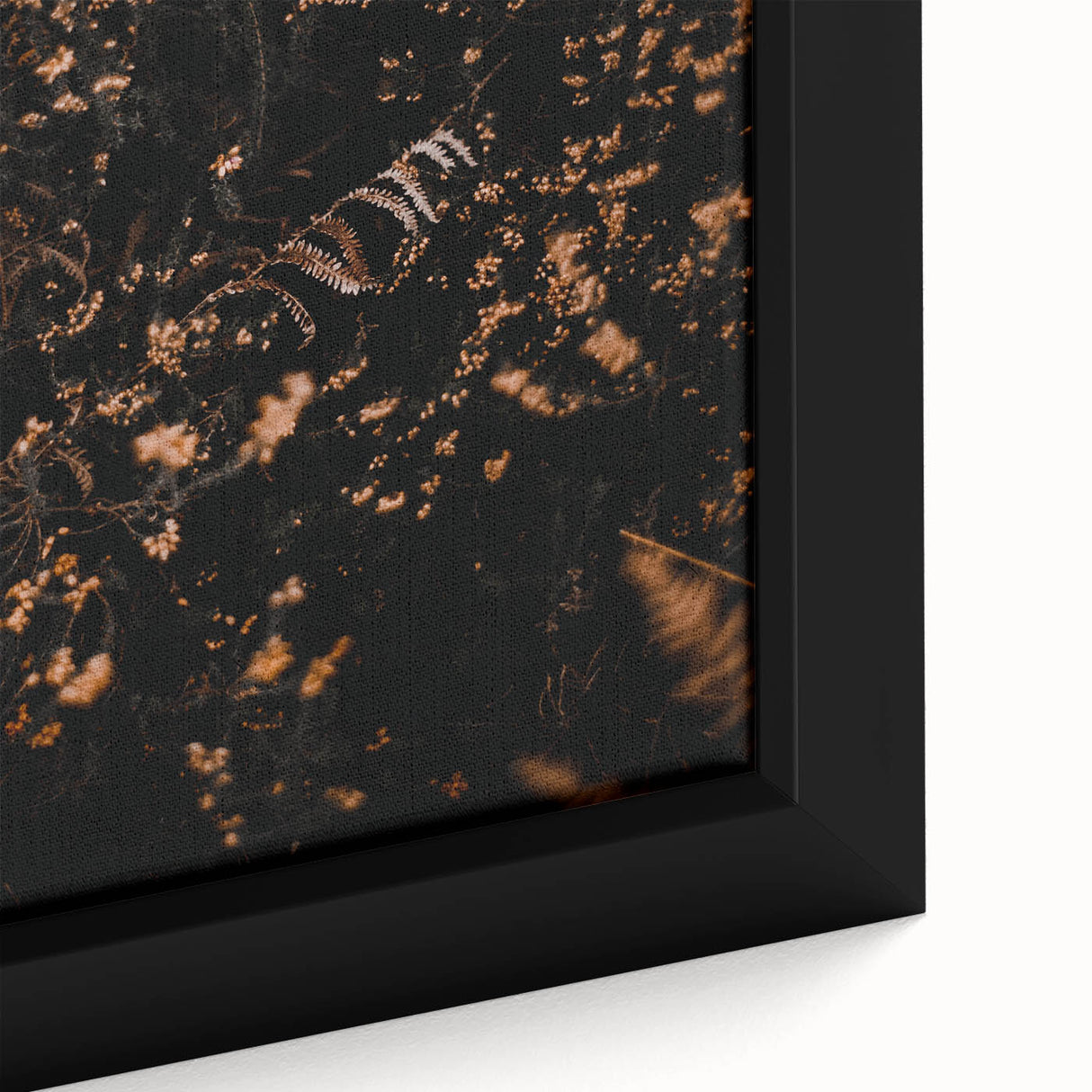 Close-up of a textured, extra large black wall art canvas depicting colorful fall foliage, ideal for living room decor.