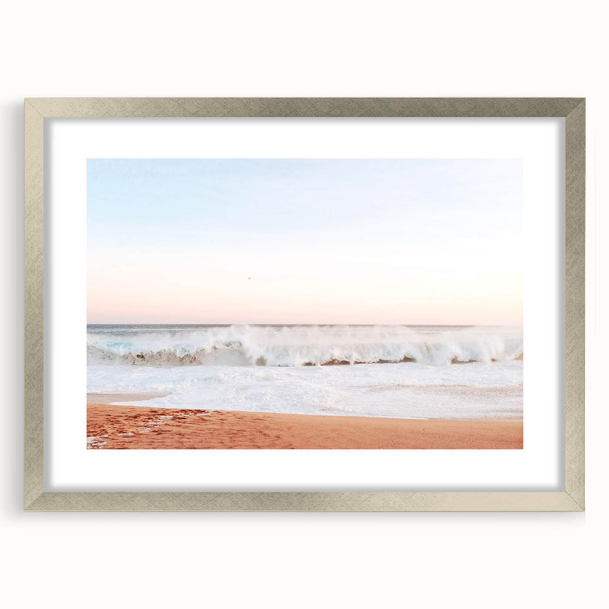Textured abstract art print in warm orange and yellow hues, framed in silver, ideal for bedroom decor.