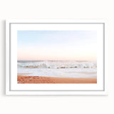 Abstract art print featuring vibrant summer hues on a white-framed canvas, ideal for dining room decor.