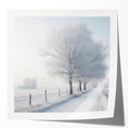Winter scene with snow-covered trees in soft gray and white tones on a large canvas.