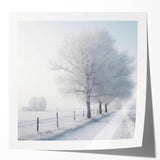 Winter scene with snow-covered trees in soft gray and white tones on a large canvas.