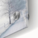Winter scene on acrylic glass, featuring muted blue and white tones, ideal for bedroom or dining room art.