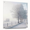 Winter scene on acrylic glass, featuring a snowy landscape in muted white and blue tones, ideal for dining room decor.