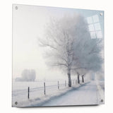 Winter scene on acrylic glass, featuring a snowy landscape in muted white and blue tones, ideal for dining room decor.
