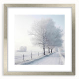 Textured abstract art print depicting a winter scene in muted blue and white tones on a framed silver canvas.