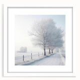 Abstract art print of a winter scene in muted blue and white tones on a framed canvas.