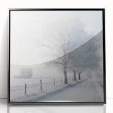 Large abstract wall art depicting a winter scene in black and white tones on a framed acrylic.