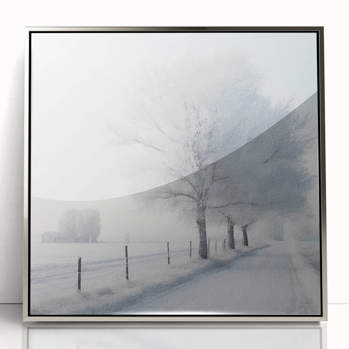 Mid-century modernist art depicting a winter scene in muted silver and blue tones, acrylic print framed.