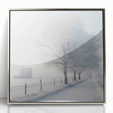 Mid-century modernist art depicting a winter scene in muted silver and blue tones, acrylic print framed.