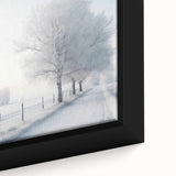 Winter scene with textured snowy landscape on black framed canvas, ideal for living room decor.