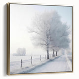 Winter landscape painting on framed canvas, featuring silver and gold tones, ideal for bedroom wall decor.