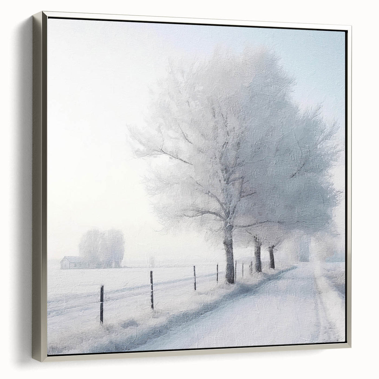 Winter landscape art painting on framed canvas, featuring a snowy scene in muted gray and blue tones.