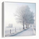 Vintage poster art of a winter scene on framed canvas, featuring muted white and gray tones, ideal for living room decor.
