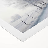 Art deco poster featuring a snowy landscape with muted blue and white tones on rolled canvas, suitable for dining room decor.