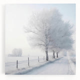 Winter landscape with bare trees in black and white on large stretched canvas, ideal for kitchen wall art.