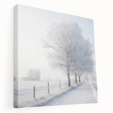 Winter scene with snow-covered trees on stretched canvas, ideal for kitchen wall art.