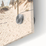 Large abstract wall art in vibrant orange and blue tones on acrylic glass, suited for dining room ambiance.