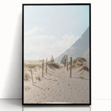 Large abstract wall art in mid-century modernist style, featuring swirling blues and oranges on a framed acrylic print.