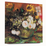 Large abstract wall art depicting a Van Gogh-inspired swirl pattern in vibrant blues and yellows on acrylic glass.