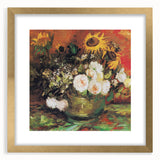 Abstract art print of swirling blues and yellows on a framed canvas, ideal for dining room decor.