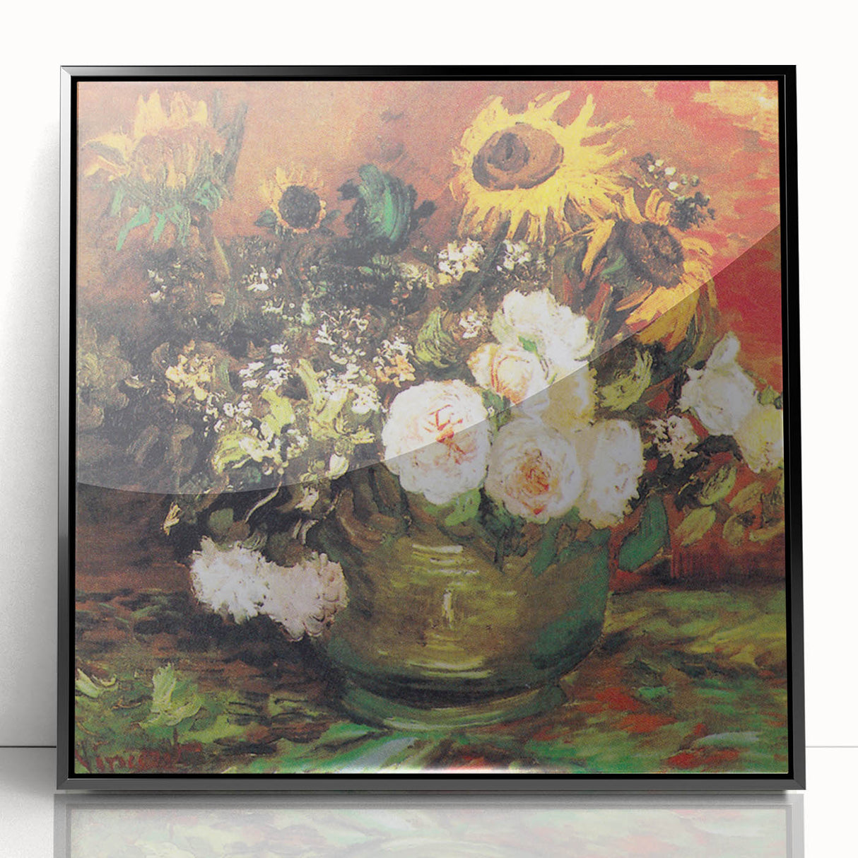 Large abstract wall art featuring swirling blue and yellow patterns on a black acrylic frame.