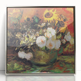 Large art print of a Van Gogh landscape in subtle green and blue tones, framed in silver acrylic.