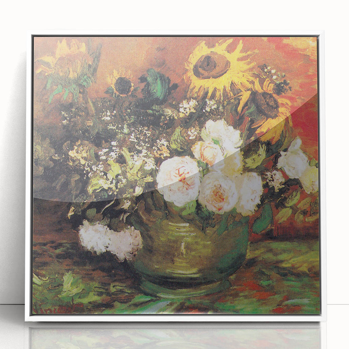 Mid-century modernist art depicting a serene landscape, in soft pastel hues on a white acrylic framed poster.