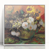 Mid-century modernist art depicting a serene landscape, in soft pastel hues on a white acrylic framed poster.