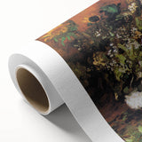 Art deco style poster of Van Gogh's Starry Night on rolled canvas, featuring vibrant blue and yellow tones.