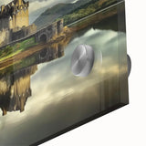 Close-up of a vibrant acrylic painting depicting a majestic castle surrounded by lush landscapes, showcasing intricate details and rich colors that enhance any decor.