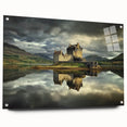 Acrylic glass landscape artwork displaying a stunning castle view, featuring vibrant colors and intricate details, elegantly framed with pins for mounting.