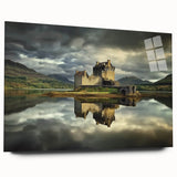 Acrylic glass landscape artwork depicting a majestic castle surrounded by lush greenery, showcasing vibrant colors and intricate details, ideal for home decor.