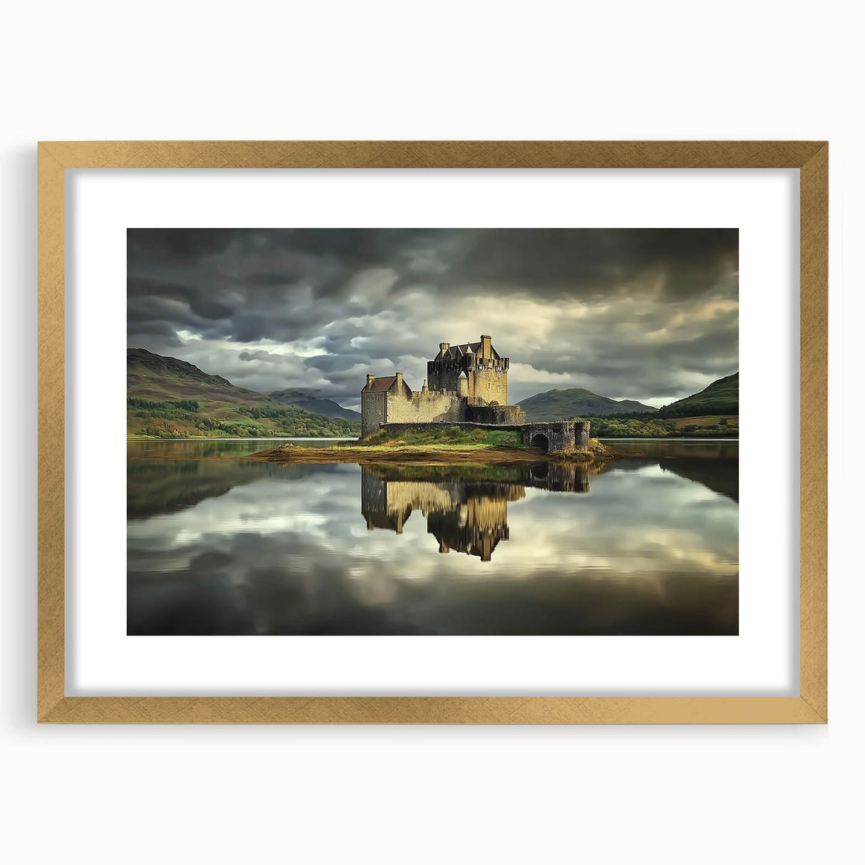 Gold-framed landscape artwork featuring a picturesque castle scene, elegantly matted for added depth, perfect for home decor and enhancing interior aesthetics.
