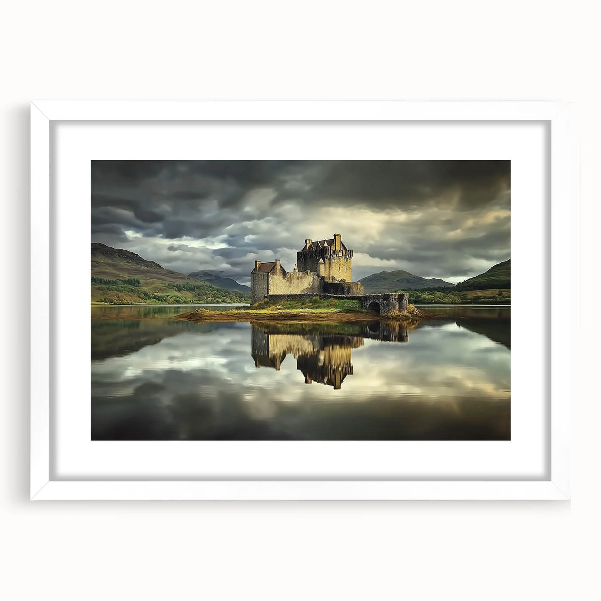 Elegant landscape artwork featuring a majestic castle framed in white with a mat, showcasing intricate details and vibrant colors, perfect for home decor.