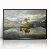 Framed acrylic artwork showcasing a stunning landscape with a majestic castle, set against a vibrant sky, featuring a sleek black frame that enhances its elegance. This piece is perfect for home decor, adding a touch of sophistication to any room.