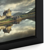 Close-up of a framed canvas artwork depicting a majestic castle landscape, showcasing rich colors and intricate details, ideal for home decor enthusiasts.
