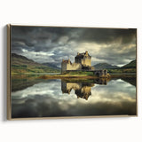 Framed canvas artwork depicting a picturesque landscape with a castle, featuring a gold frame that adds elegance, perfect for home decor or office interiors.